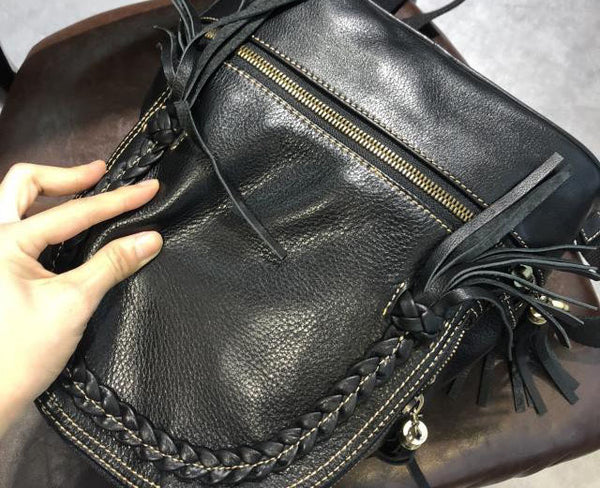 Quilted Womens Small Brown Leather Backpack Purse with Fringe Rucksack Backpacks for Women Durable