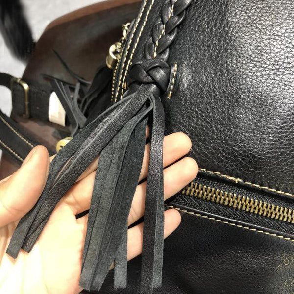 Quilted Womens Small Brown Leather Backpack Purse with Fringe Rucksack Backpacks for Women Funky
