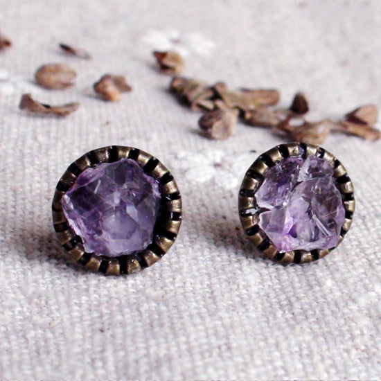 Raw Amethyst Stud Earrings Vintage Copper Handmade Jewelry Accessories Women