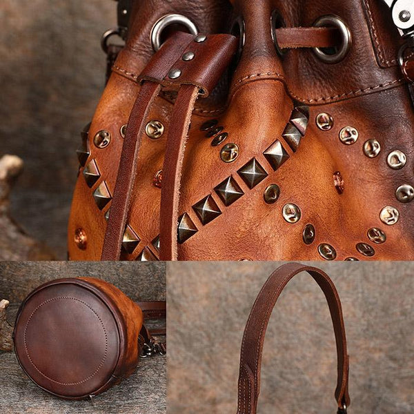 Rivets Leather Bucket Bag Designer Crossbody Bags Purse for Women Chic