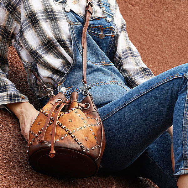 Rivets Leather Bucket Bag Designer Crossbody Bags Purse for Women Genuine Leather