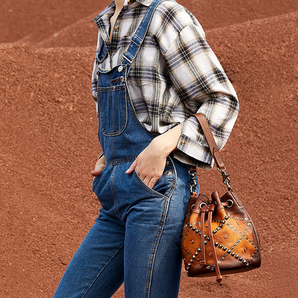 Rivets Leather Bucket Bag Designer Crossbody Bags Purse for Women fashion