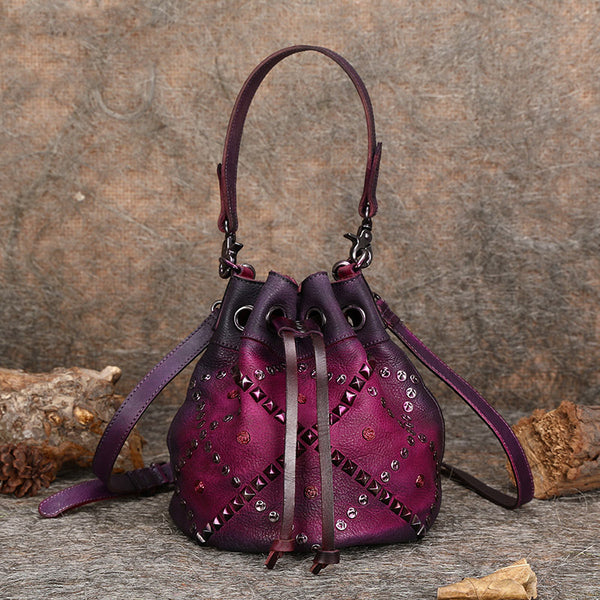 Rivets Leather Bucket Bag Designer Crossbody Bags Purse for Women