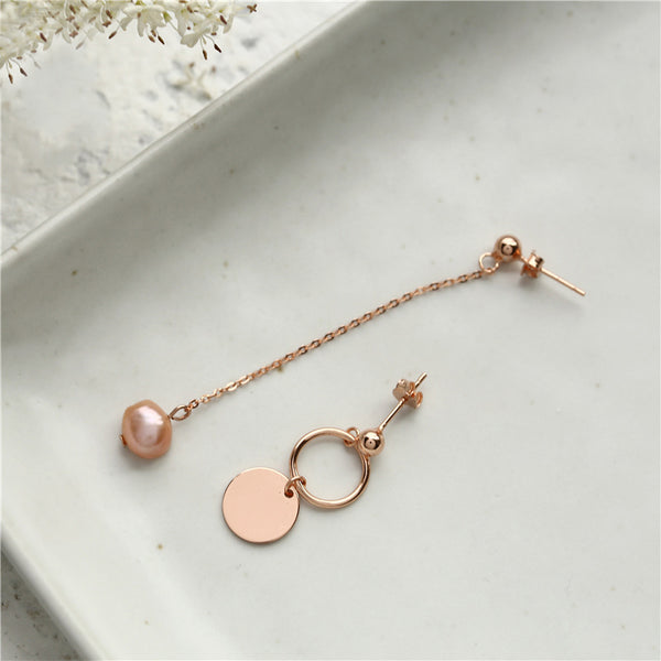 Rose Gold Sterling Silver Asymmetric Stud Dangle Earrings Handmade Jewelry Accessories Women chic