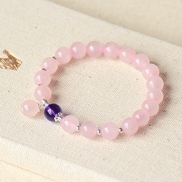 Rose Quartz Amethyst Silver Bead Bracelet Handmade Jewelry Accessories Gifts Women beautiful
