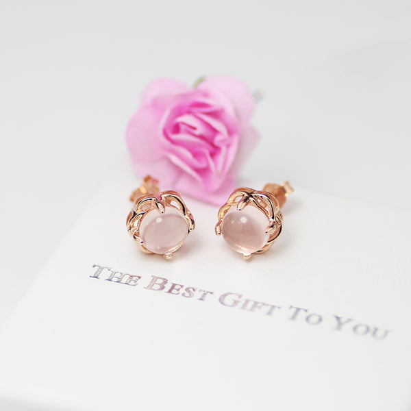 Rose Quartz Crystal Stud Earrings in 18K Gold Plated Sterling Silver Gemstone Jewelry Accessories Gifts Women