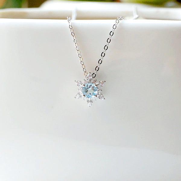 Round Aquamarine Snowflake Pendant Necklace