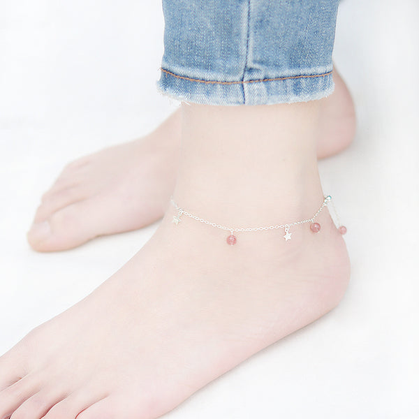 Sterling Silver Strawberry Quartz Beaded Anklet Handmade Jewelry Gemstone Accessories Women
