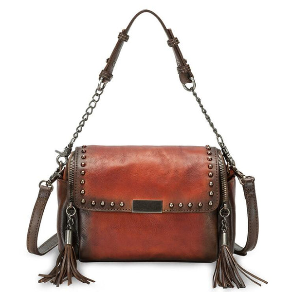Small Cowhide Leather Hobo Crossbody Purse Shoulder Purse With Fringe And Rivets for Women Cute