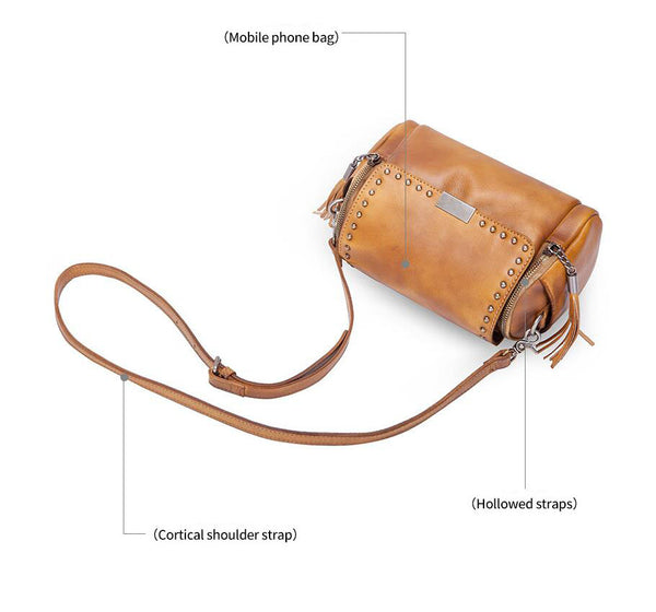 Small Cowhide Leather Hobo Crossbody Purse Shoulder Purse With Fringe And Rivets for Women Designer