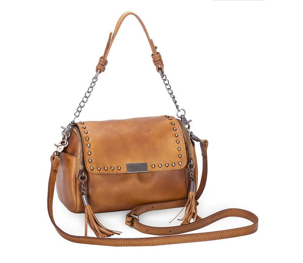 Small Cowhide Leather Hobo Crossbody Purse Shoulder Purse With Fringe And Rivets for Women Funky