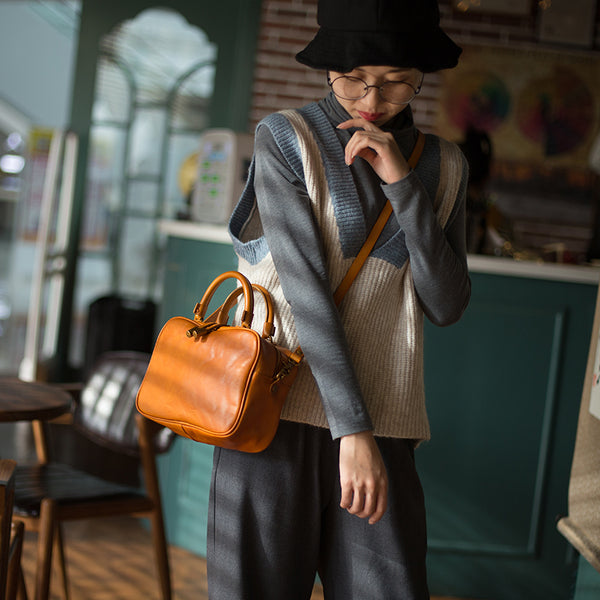 Small Cube Bag Brown Leather Handbags for Ladies Crossbody Purse for Women beautiful