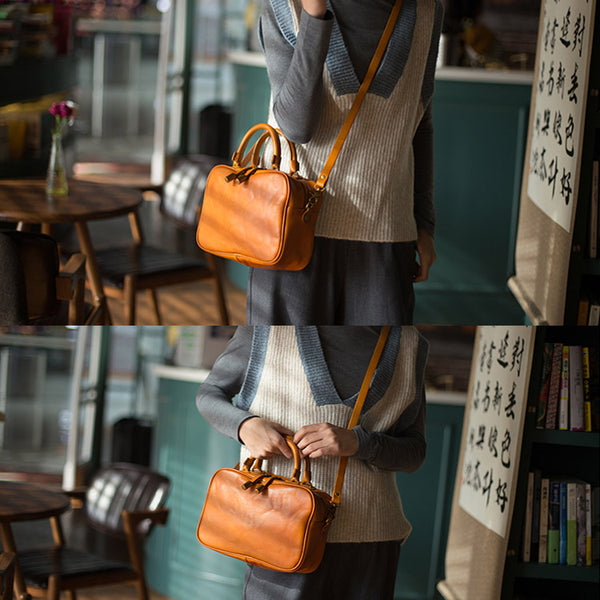 Small Cube Bag Brown Leather Handbags for Ladies Crossbody Purse for Women cowhide