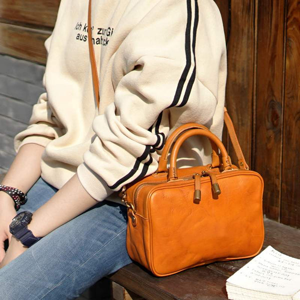 Small Cube Bag Brown Leather Handbags for Ladies