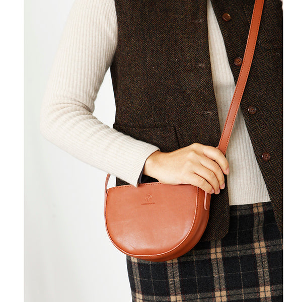 Small Half Round Leather Crossbody Purse Sling Bag For Women Cowhide