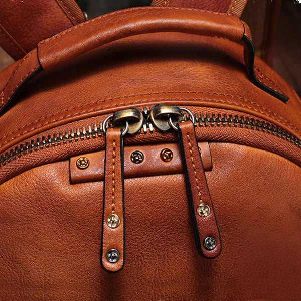 Small Ladies Brown Leather Zip Backpack Bag Purse Funky Backpacks For Women Genuine Leather