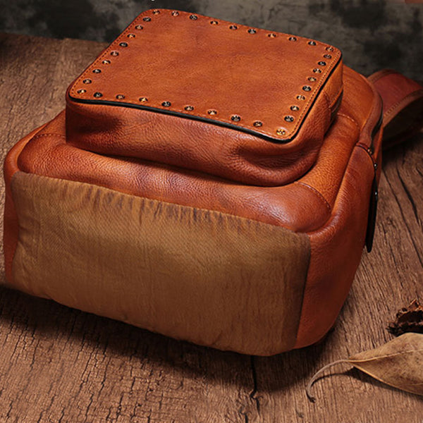 Small Ladies Brown Leather Zip Backpack Bag Purse Funky Backpacks For Women Handmade