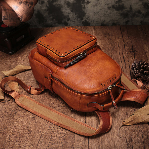 Small Ladies Brown Leather Zip Backpack Bag Purse Funky Backpacks For Women