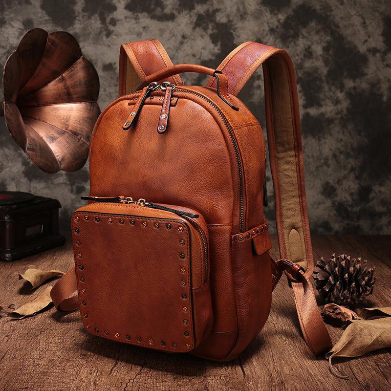 Small Ladies Brown Leather Zip Backpack Bag Purse Funky Backpacks For Women cool