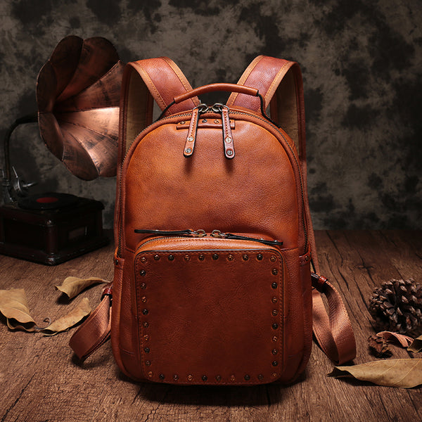 Small Ladies Brown Leather Zip Backpack Bag Purse Funky Backpacks For Women cowhide
