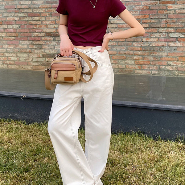 Small Ladies Canvas Crossbody Satchel Bag Shoulder Purse For Women Cowhide