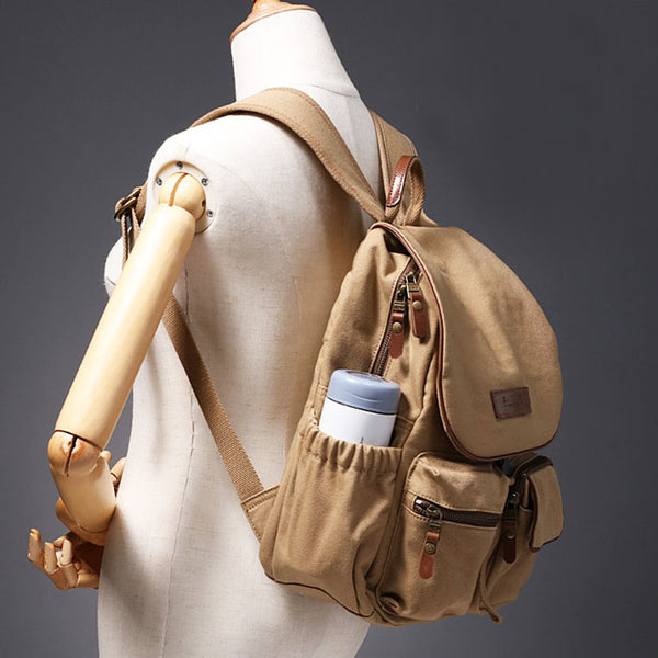 Small Ladies Canvas Travel Backpack Bag With Pockets Rucksack Purse For Women Brown