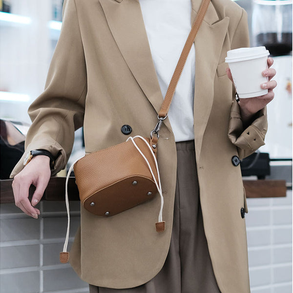 Small Ladies Genuine Leather Bucket Bags Cute Shoulder Bags For Women