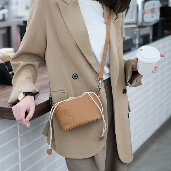 Small Ladies Genuine Leather Bucket Bags Cute Shoulder Bags For Women Gift idea