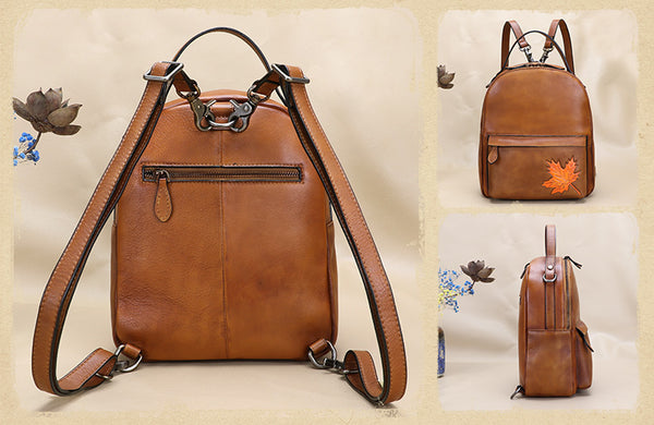 Small Ladies Embossed Leather Backpack Purse Rucksack Cross Shoulder Bag For Women Brown