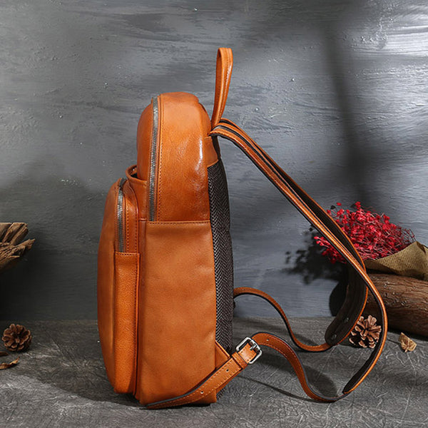 Small Ladies Square Brown Leather Backpack Purse Hiking Backpack Bag For Women