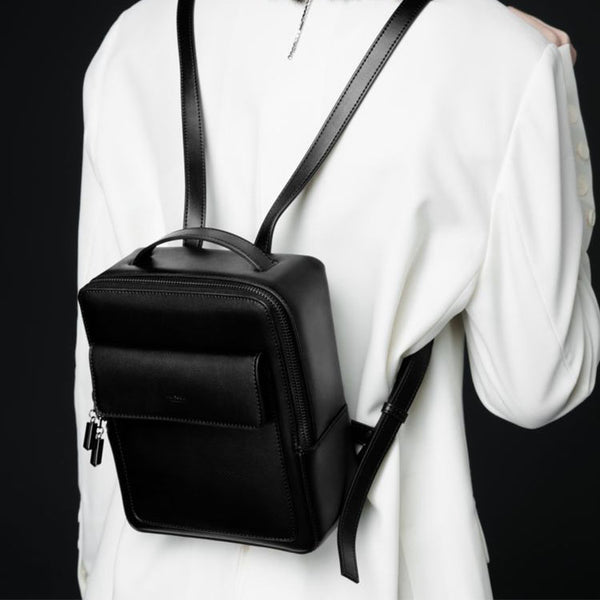 Small Ladies Square Leather Backpack Purse Black Leather Rucksack Handbag For Women