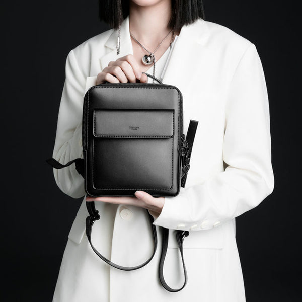 Small Ladies Square Leather Backpack Purse Black Leather Rucksack Handbag For Women Beautiful