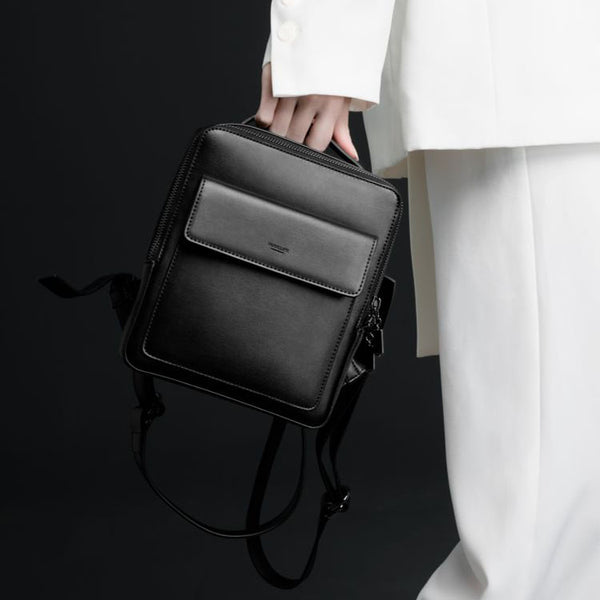 Small Ladies Square Leather Backpack Purse Black Leather Rucksack Handbag For Women Black