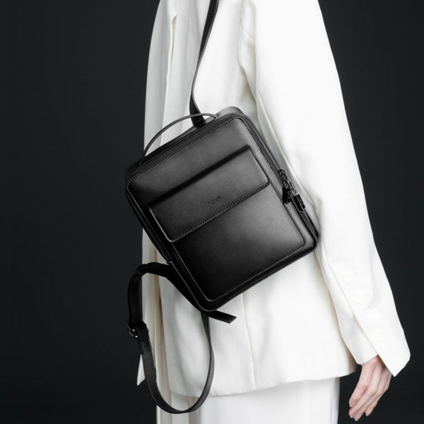 Small Ladies Square Leather Backpack Purse Black Leather Rucksack Handbag For Women Chic