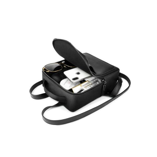 Small Ladies Square Leather Backpack Purse Black Leather Rucksack Handbag For Women Fashion