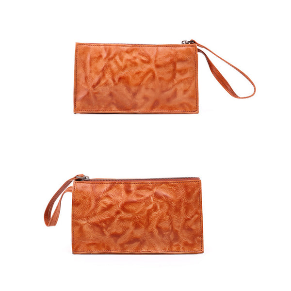 Small Orange Brown Leather Clutch Wallet Purse Side Bag for Womens Cowhide