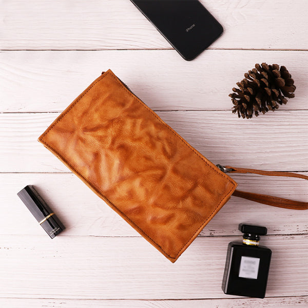 Small Orange Brown Leather Clutch Wallet Purse Side Bag for Womens Funky