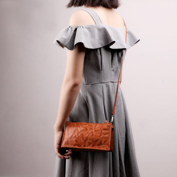Small Orange Brown Leather Clutch Wallet Purse Side Bag for Womens Affordable