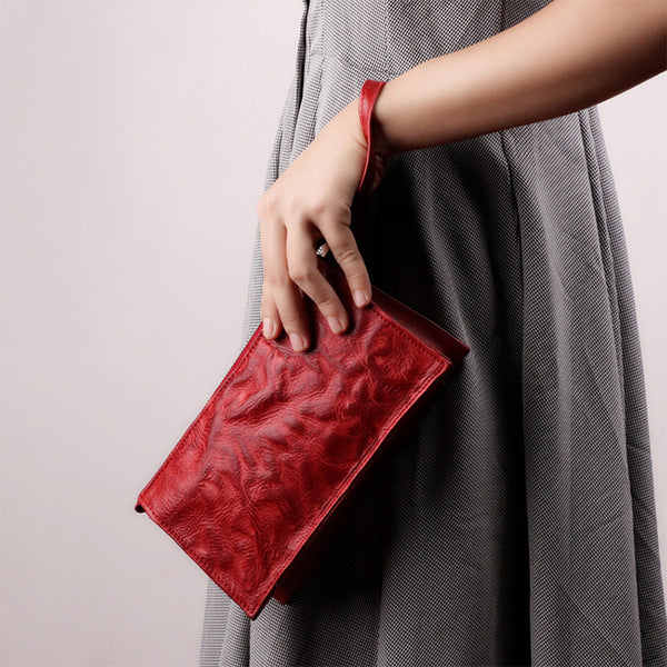 Small Orange Brown Leather Clutch Wallet Purse Side Bag for Womens