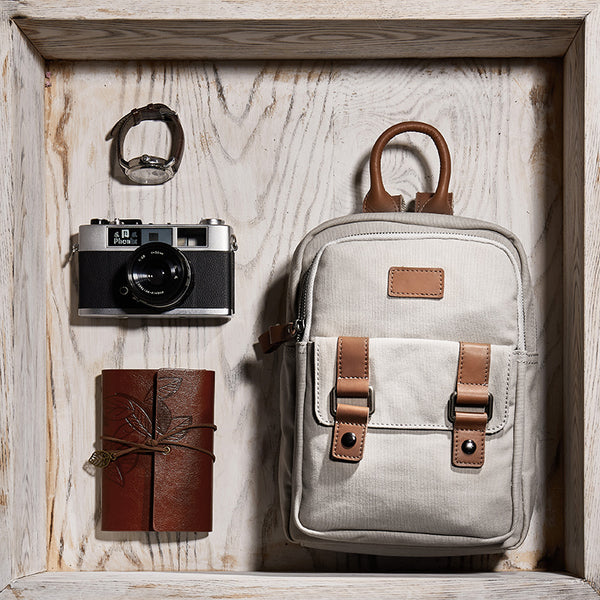 Medium Women's Grey Canvas Leather Backpack Purse Canvas Rucksack for Women Cool