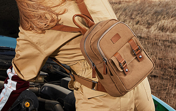 Medium Women's Grey Canvas Leather Backpack Purse Canvas Rucksack for Women Designer