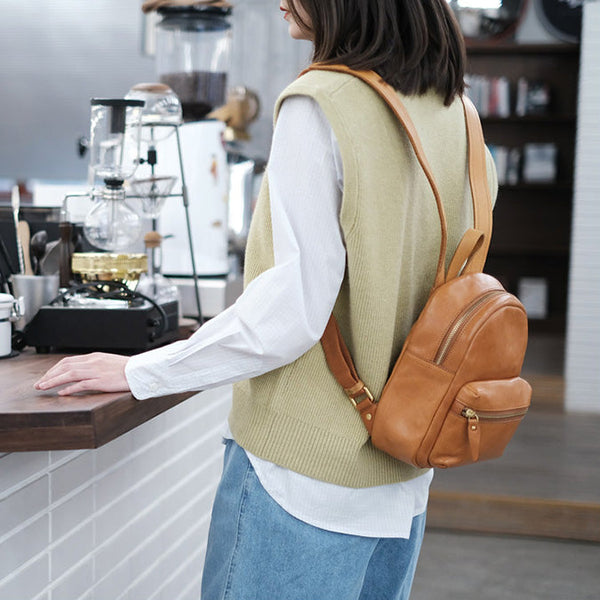 Small Rucksack Womens Leather Stylish Backpacks For Women Brown