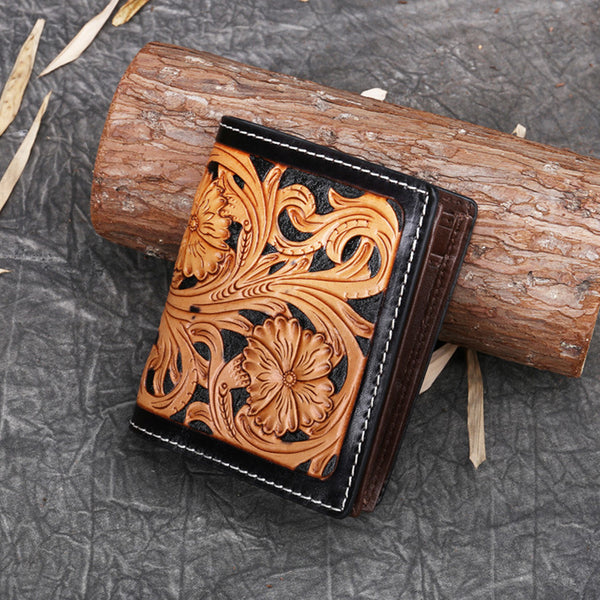 Small Tooled Leather Pocket Wallet Card Holder Wallet For Ladies Accessories