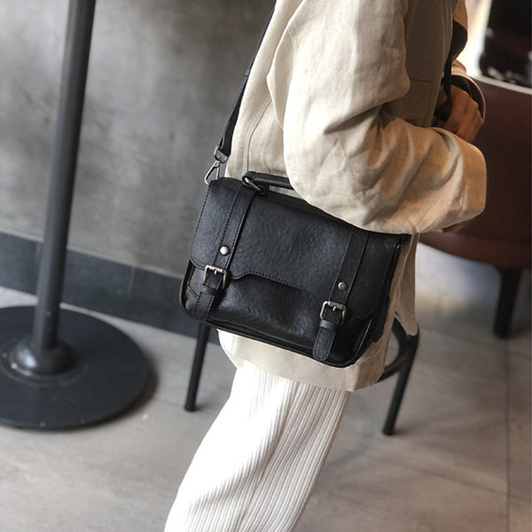 Small Women Black Leather Satchel Bags Shoulder Handbags