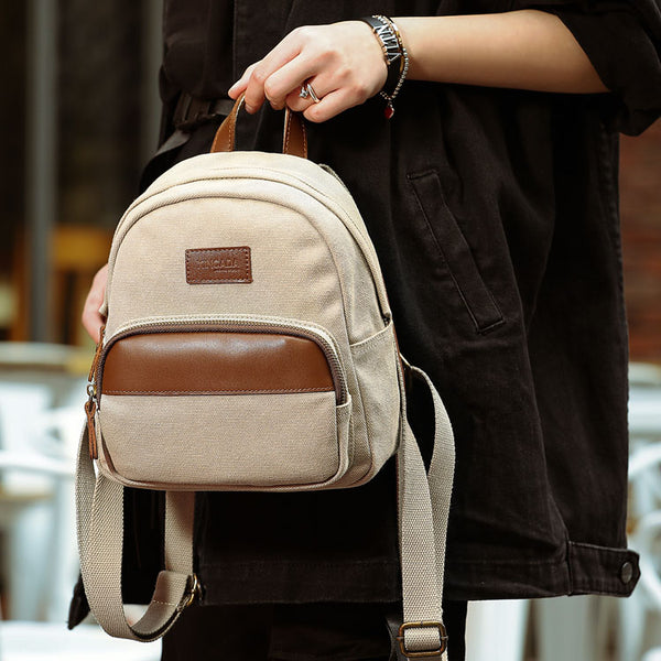 Small Women's Canvas And Leather Backpack Purse Rucksack For Women
