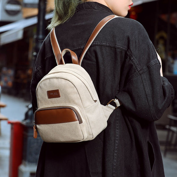 Small Women's Canvas And Leather Backpack Purse Rucksack For Women