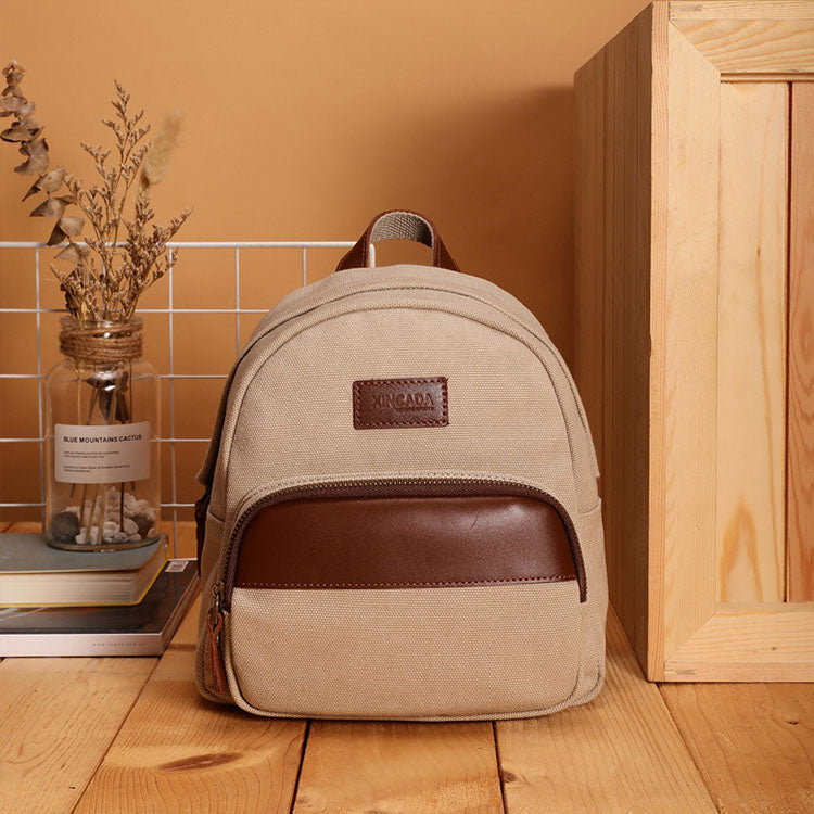 Small Women's Canvas And Leather Backpack Purse Rucksack For Women