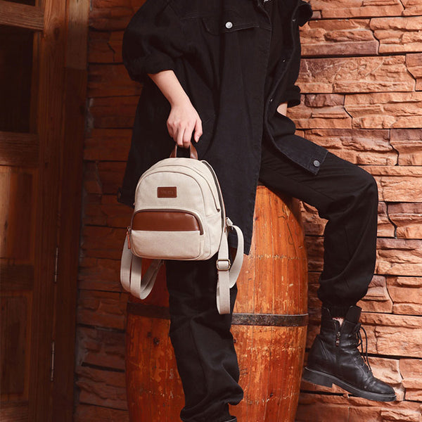 Small Women's Canvas And Leather Backpack Purse Rucksack For Women