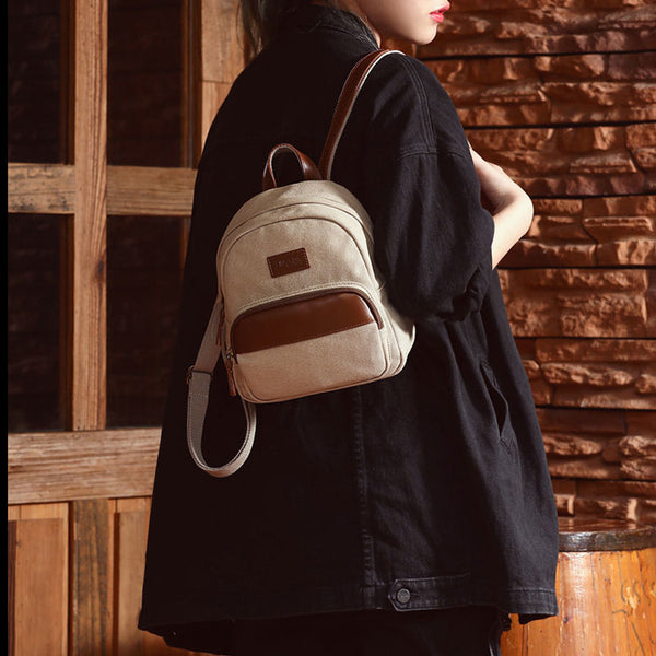 Small Women's Canvas And Leather Backpack Purse Rucksack For Women