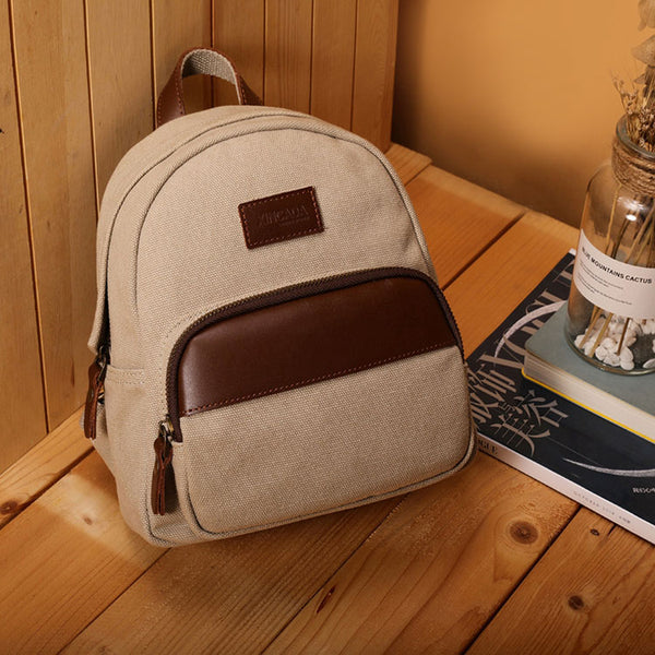 Small Women's Canvas And Leather Backpack Purse Rucksack For Women